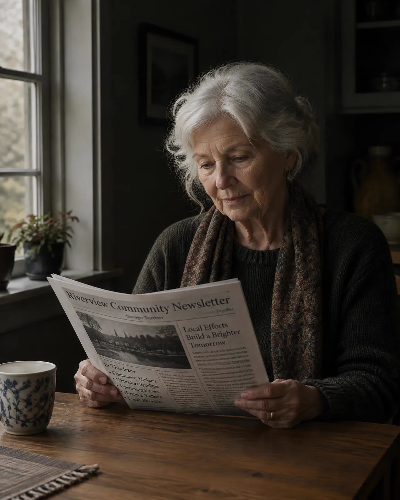 Senior woman reading a printed newsletter by the window