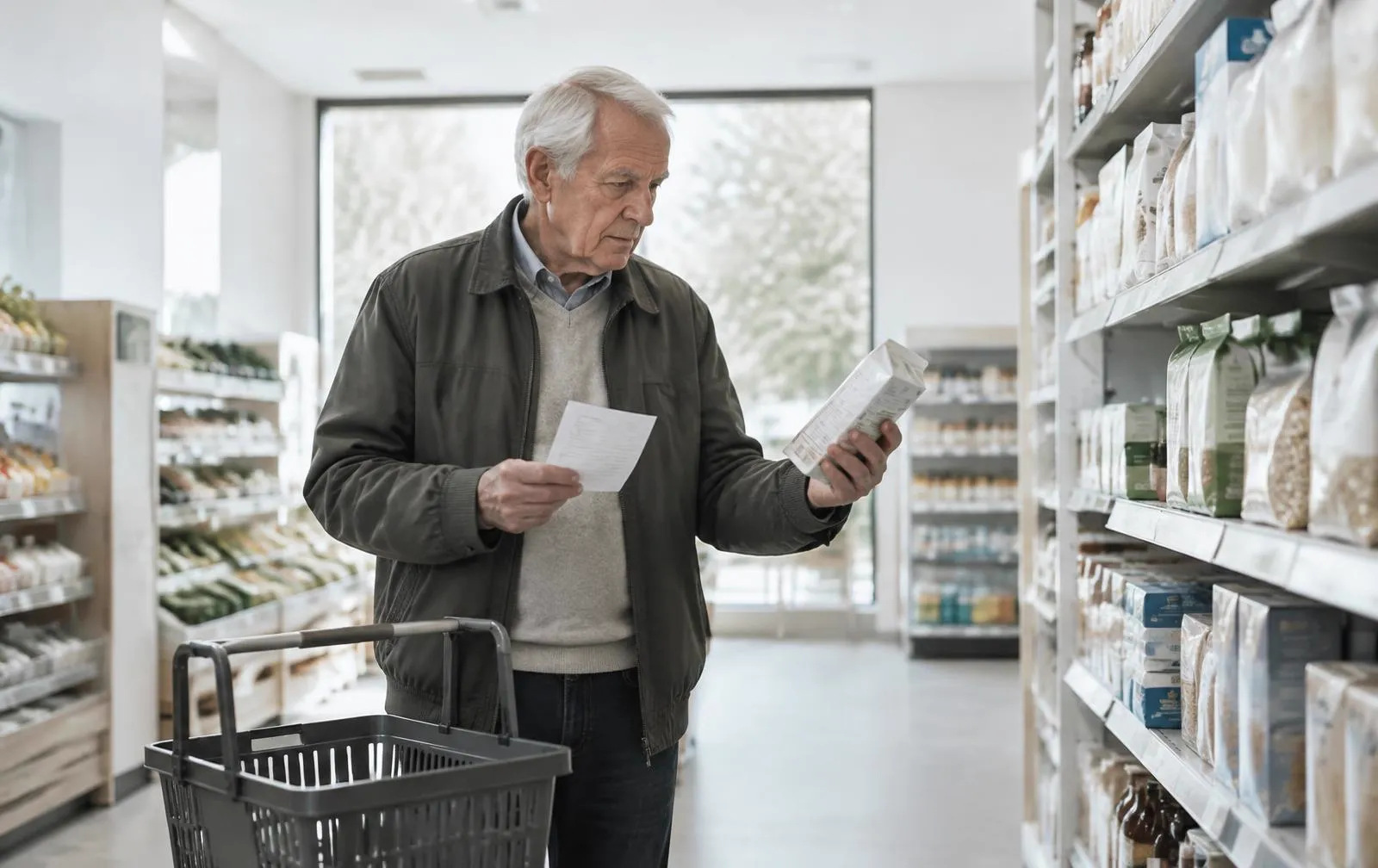 Senior man comparing grocery prices with a shopping list