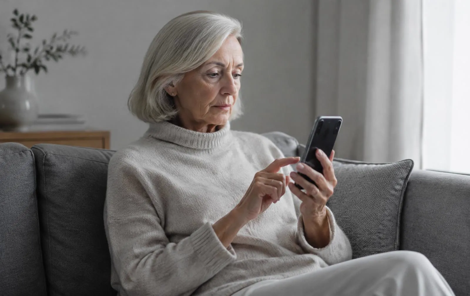 Senior woman adjusting her phone settings on the sofa