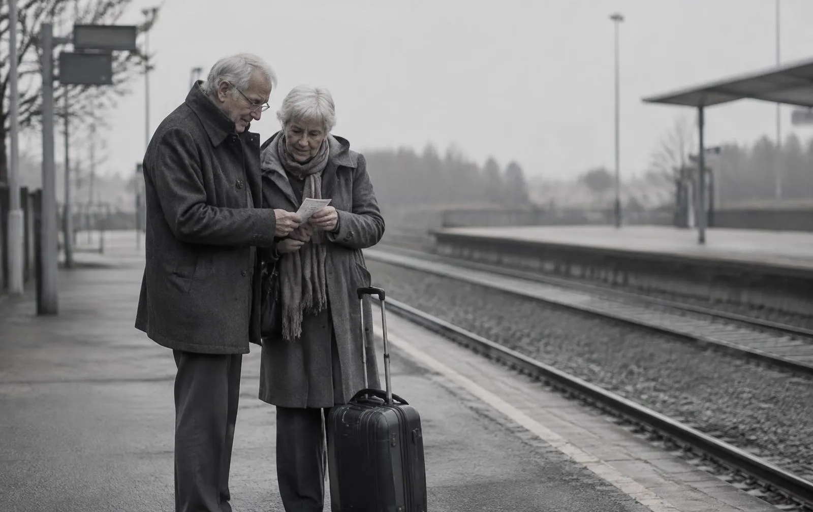 Older couple checking a paper itinerary on a train platform