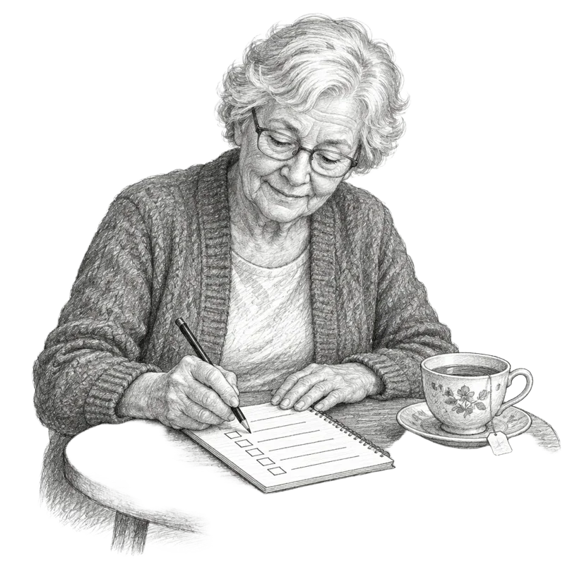 Pencil sketch of a senior woman writing a checklist with tea