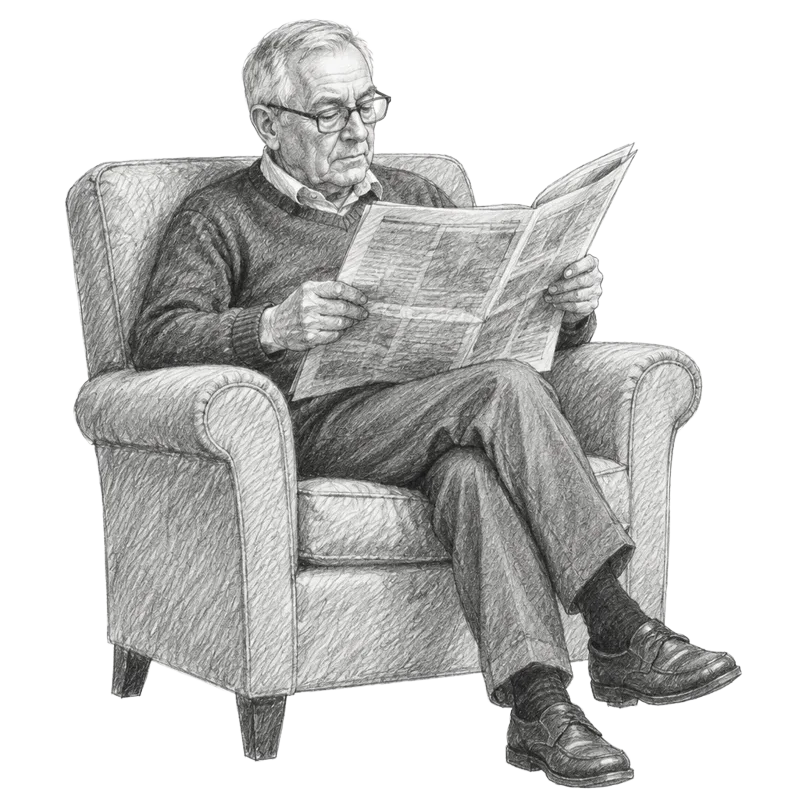 Pencil sketch of a senior man reading in an armchair