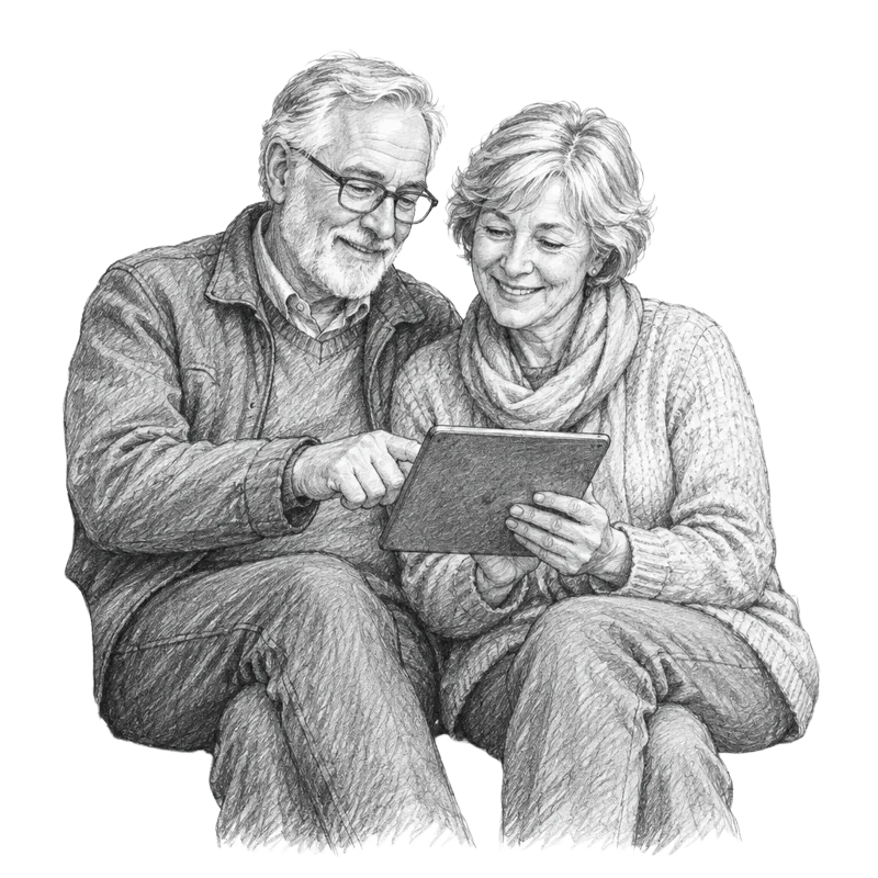 Pencil sketch of an older couple sharing a tablet